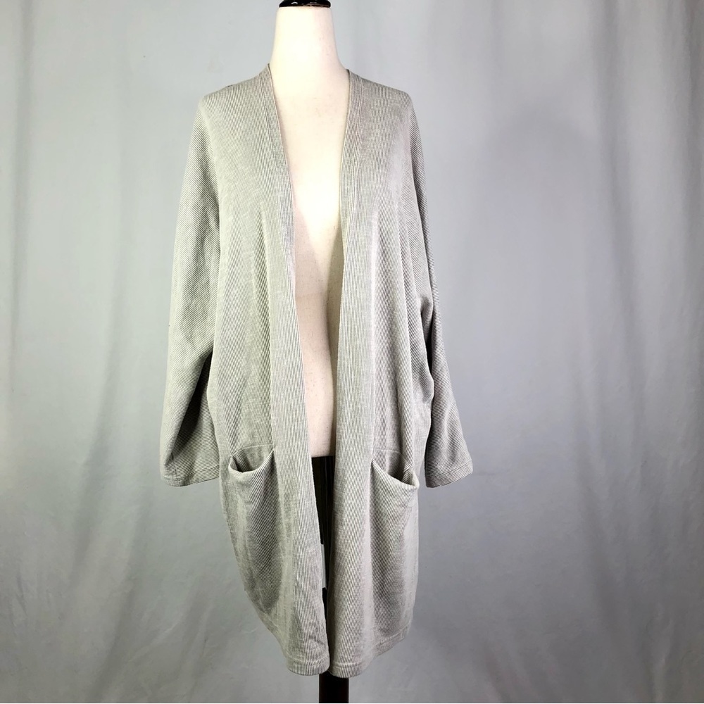 Donni open front long lightweight jersey sweater engineer stripe pockets OS